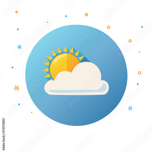 Sun peeking from behind a cloud icon with decorative elements