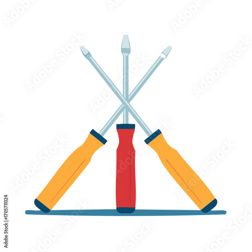 Three screwdrivers crossed, isolated vector illustration, workshop tools, home repair equipment concept, bright colors, work tool design
