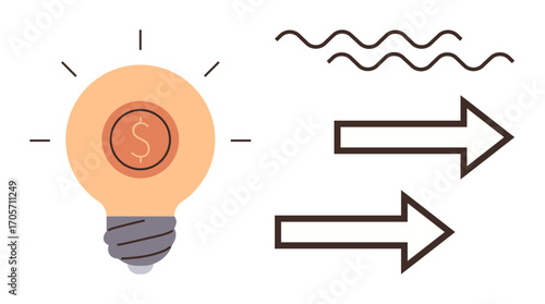 Lightbulb containing a dollar, lines suggesting energy, and arrows pointing right. Ideal for business creativity, innovation, strategy, financial growth, entrepreneurship success and direction. A