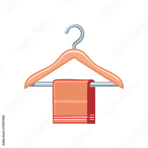 Cartoon style wooden hanger with orange and red towel hanging on a rack