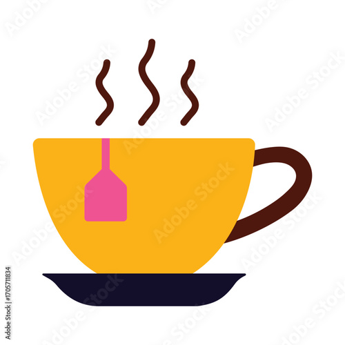 Colorful flat design teacup icon with a teabag on a saucer. A simple hot beverage symbol for cafe, breakfast, and tea time concepts.