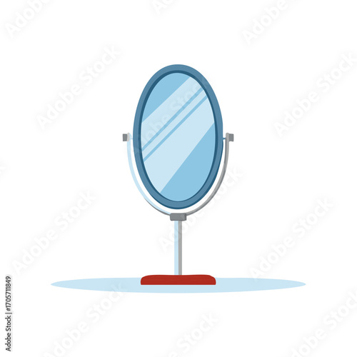 Illustrated Oval Vanity Mirror with Blue Frame and Reflective Surface on White Background