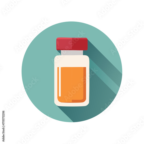 Flat Design Icon of a Medical Vial Filled with Orange Liquid and a Red Cap