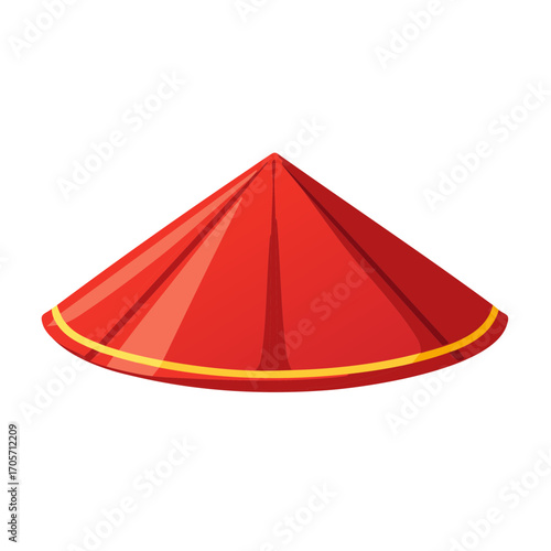 Illustration of a red conical straw hat with gold trim, isolated