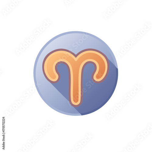 Aries Zodiac Astrological Sign Symbol Flat Design Vector Icon Button with Long Shadow Effect