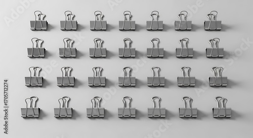 Patterned arrangement of binder clips on a neutral toned flat surface