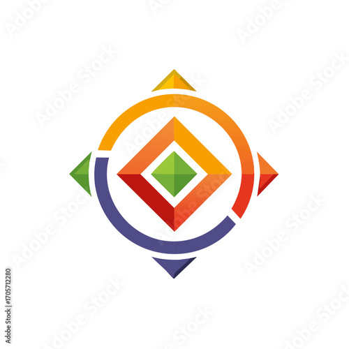 Abstract colorful compass rose illustration, geometric design with vibrant shapes and gradients
