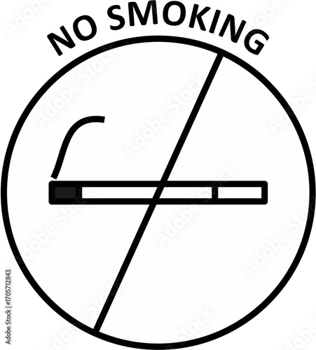 A black and white graphic icon of a no smoking sign, featuring a lit cigarette inside a prohibition circle with text.