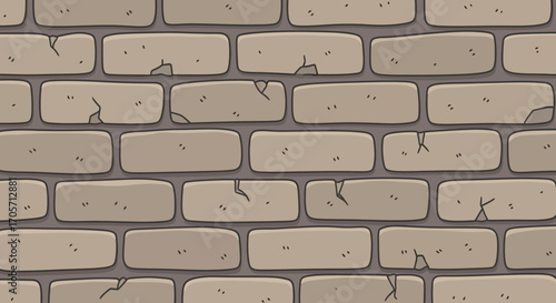 Seamless cartoon brick wall texture with cracks and mortar.