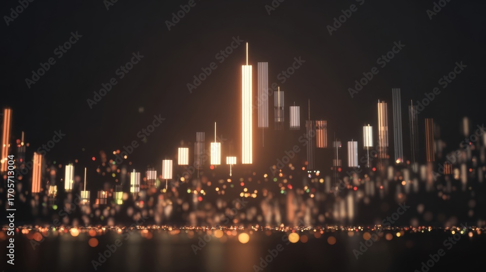 Fototapeta premium Abstract digital city skyline with glowing vertical bars, futuristic urban environment, technological advancement,