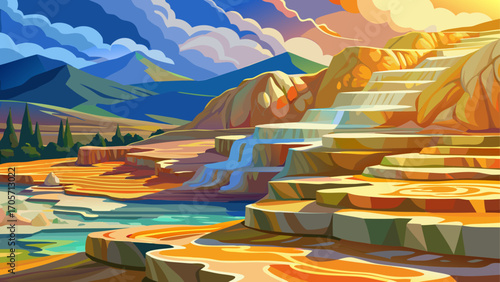 Steaming terraces at Yellowstone’s Mammoth Hot Springs, USA, sculpt alabaster steps and rainbow mineral patterns beside drifting geothermal mists under bright high-country sunshine.