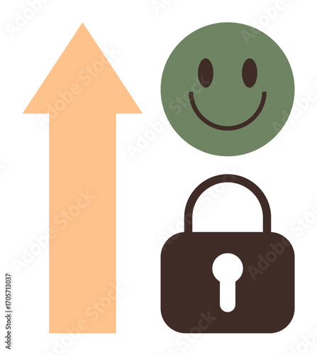 Orange upward arrow, green happy face, and brown lock symbolize progress, happiness, and security. Ideal for success, growth, trust, positivity privacy protection motivation simple flat metaphor