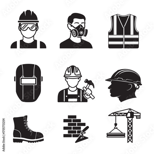 Construction and builder icon set. Vector glyph pictograms of a worker with a hard hat, safety glasses, respirator, vest, welding mask, hammer, boots, brick wall, and crane.