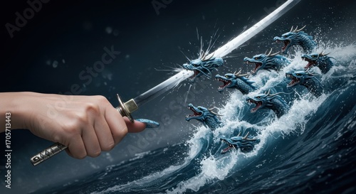 Epic fantasy battle as a lone warrior's hand wields a katana against a mythical sea hydra monster