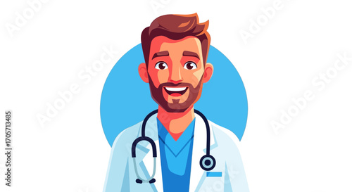 Smiling male doctor cartoon character in lab coat with stethoscope.