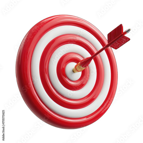 A red and white bullseye target with a single arrow striking its center, depicted in a three-dimensional, glossy style