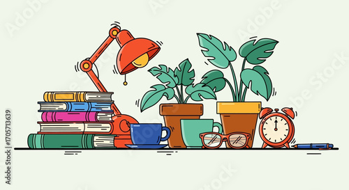 Study desk with books, lamp, plants, glasses, and alarm clock.
