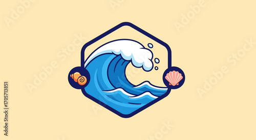 Stylized Ocean Wave in a Hexagonal Frame Illustration.