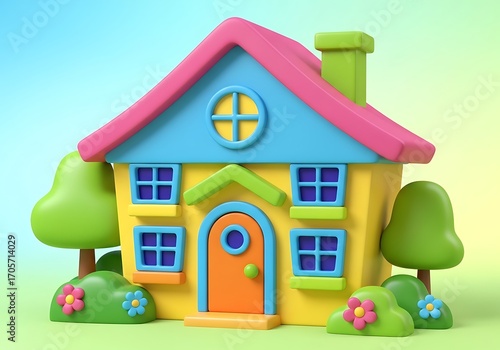 Whimsical 3D Illustration of a Colorful Cartoon House with Garden