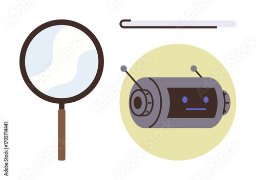 Magnifying glass, robotic device with antennas, and cane on minimal background. Ideal for innovation, exploration, AI, accessibility, futurism assistive tools and discovery concepts. Simple flat