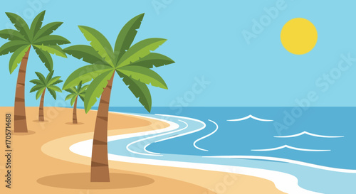 Tropical Beach Paradise with Palm Trees, Sandy Shore, and Ocean Waves.