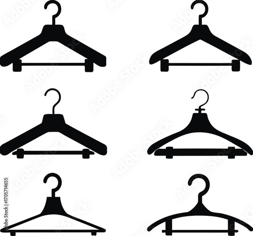 Six black clothing hangers on white background vector