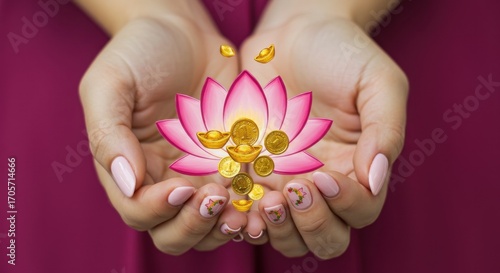 Lotus Flower and Golden Coins Symbol of Prosperity and Spiritual Harmony