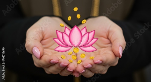 Hands cradling a lotus flower with coins, symbolizing prosperity and spiritual growth