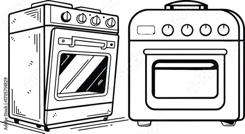 Two hand drawn kitchen ovens side by side stove kitchen appliance
