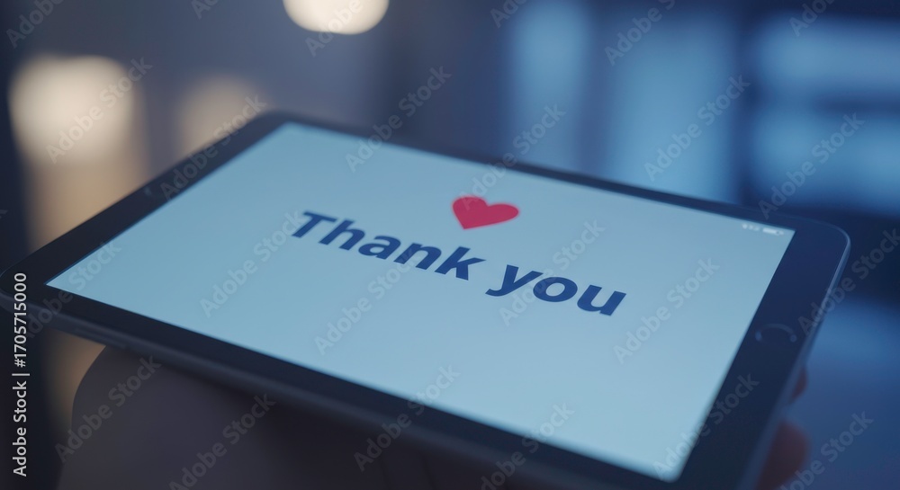 Naklejka premium Modern Tablet Displaying 'Thank You' Message with Heart Icon conveying gratitude