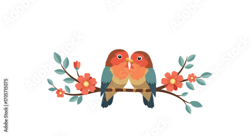 Two cute colorful lovebirds kissing on a flowering branch.