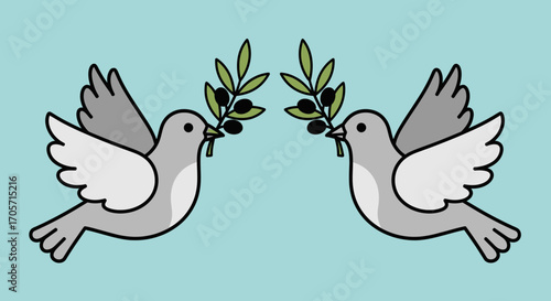 Two Doves of Peace with Olive Branches in Their Beaks.