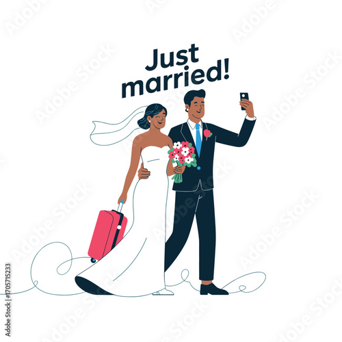 Just married couple illustration, bride and groom selfie, wedding travel, honeymoon journey, romantic celebration, love happiness, newlywed couple traveling together