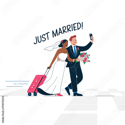 Just married couple illustration, wedding celebration, bride and groom travel, romantic honeymoon trip, newlyweds selfie, love journey, happy marriage moment