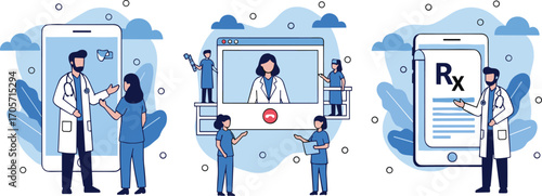 Telemedicine concept, online doctor consultation, digital healthcare service, medical prescription app, remote patient care, virtual health technology, modern hospital innovation