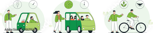 Eco friendly transportation, green car, ride sharing, carpool, bicycle commuting, sustainable travel, environmental conservation, clean energy, public transport, healthy lifestyle