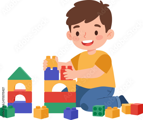 Colorful Cartoon Little Boy Playing with Stacking Block Toy Illustration