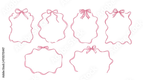 Bow and ribbon wave frames set, hand drawn wavy edges frame, decoration illustration. greeting, wedding invitations, birthday party, gift, valentines day, element card design	