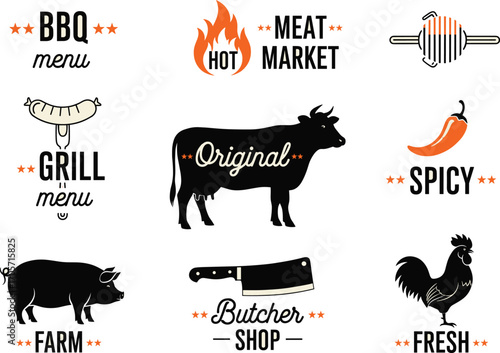 BBQ menu, grill meat market, butcher shop illustration, fresh farm animals, spicy food design, hot cooking, original vintage vector