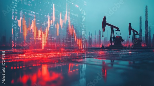 Oil pumps, city skyline, stock market decline, energy crisis, financial impact