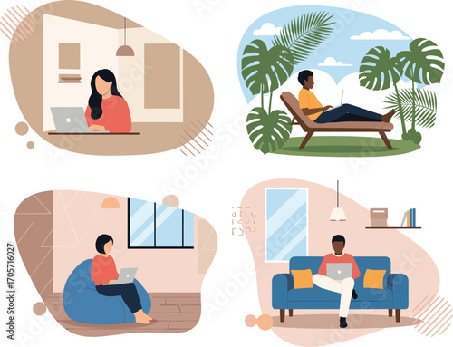 Remote work lifestyle, people working from home, freelance job illustration, digital nomad concept, online business, comfortable workspace, modern technology connection