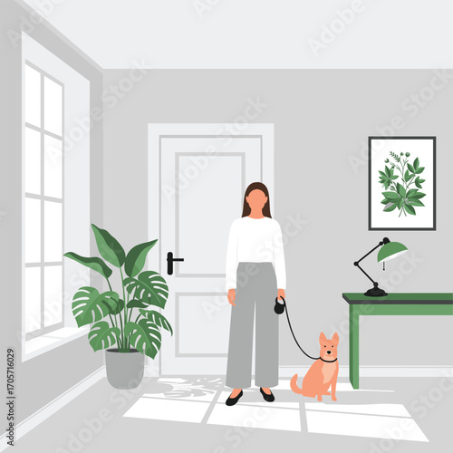 Woman standing indoors with dog on leash, modern home interior, green plants, natural light, lifestyle concept, pet care illustration