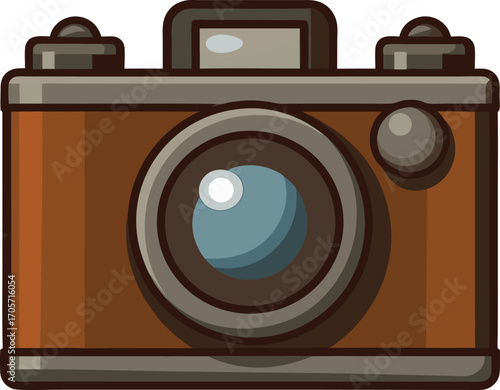 Digital camera with a large lens and a flash, colorful and playful design, travel accessory illustration.