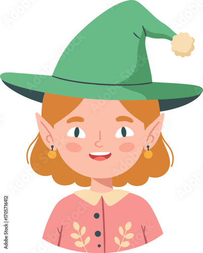 Cute Cartoon Style Elf Girl Character Illustration with Green Hat