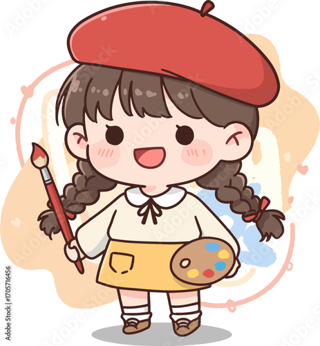 Cute Cartoon Style Little Girl Artist with Palette Illustration