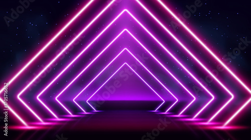 Abstract neon purple diamond frame with tunnel effect, on dark background with particles.