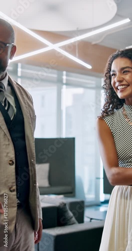 Handshake, greeting and business people in office with introduction, meeting or contract. Welcome, deal and financial managers shaking hands with investors for agreement with investment negotiation.