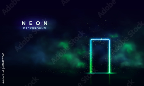 Rectangular frame banner, neon green, with particles around, fog and glow effect.
