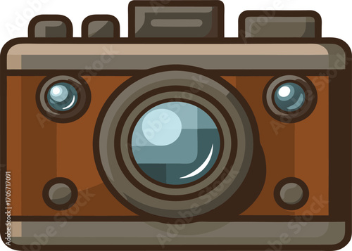 Digital camera with a large lens and a flash, colorful and playful design, travel accessory illustration.
