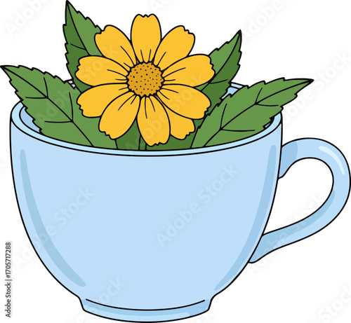 Whimsical Hand Drawn Flower Arrangement in a Blue Teacup Illustration